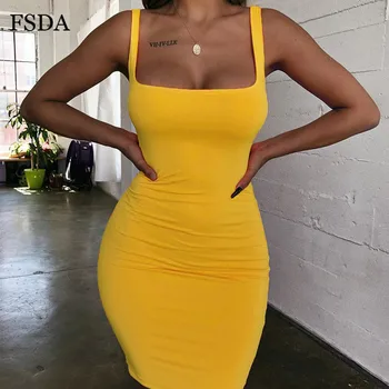 Námestie Krku Bez Rukávov Bodycon Mini Šaty Základné Ženy Summer Black Backless Strany Sexy Žltá Clubwear 2020 Šaty