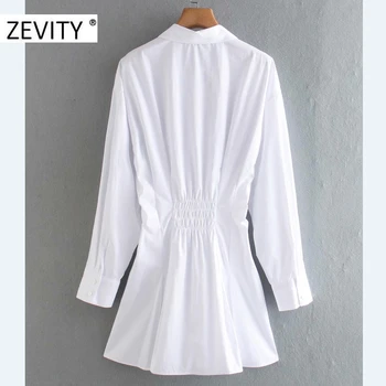 ZEVITY ženy móda záhybov dekorácie biele tričko šaty office lady dlhý rukáv späť elastické bežné vestido elegantné šaty DS4443