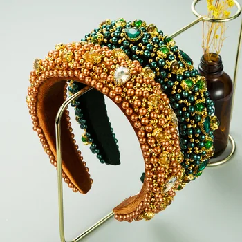 Nové Módne Luxusné Barokové Zelené Zlato Korálky Vykladané Drahokamu Hubky Hairbands Vlasy Hoop Dámy Prom Darček Vlasy Príslušenstvo