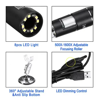 0-1600X 2MP 3 V 1 USB Typu C, LED Nastaviteľné Mikroskopom Ručný mobilný Digitálny Mikroskop Rozhranie Electron 8 Led Stenu