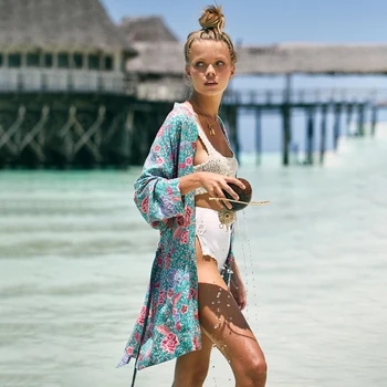 Jastie Vintage Kvetinový Tlač Ženy Kimono Tričko Bežné Pláži Blúzky 2020 Jar Leto Dlhá Bunda Cardigan Blúzky, Košele Top
