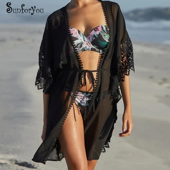 Plus Veľkosť Plážové Šaty Nové Šifón Čipky Patchwork Bežné Sexy Čierne Šaty Žien Letné Beach Kaftan Pareo Mini Šaty