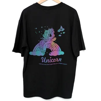 Hip Hop Rainbow Reflexné Jednorožec Vzor Bavlna Krátky Rukáv Voľné Nadrozmerné Tričko pre Mujer