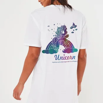 Hip Hop Rainbow Reflexné Jednorožec Vzor Bavlna Krátky Rukáv Voľné Nadrozmerné Tričko pre Mujer
