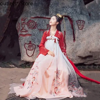 Tradičné Hanfu Kostýmy Výšivky Orientálna Dlhý Rukáv Čínština Princezná Štýl Dávnych Ľudový Tanec Víla Elegantný Retro Móda