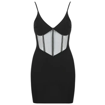 Letné New Black Obväz Dresss Kvalitný Hodváb Sexy Špagety Popruhy Žena Bodycon Šaty Elegantné Celebrity Noc Party Šaty
