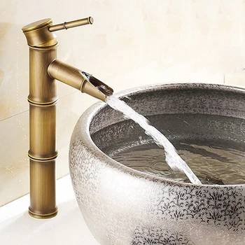 Antique Brass Vodopád Kúpeľni, Umývadlo, Batérie, Nádoby Vysoký Bambusu Vody Ťuknite na položku Zmiešavač Teplej a Studenej jednootvorová Povodí Batérie, Vintage