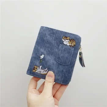 Vyšívané Cat Wallet Malé Zips Mince Kabelku Taška Krátke Navrhnuté Cartoon Peňaženky Ženy Dámy Mince Peňaženky Mini Držiteľov Karty
