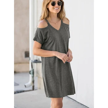 Bežné bavlnené tričko letné slnko šaty 2021 studenej rameno krátke rukáv voľné tričko čierne mini šaty sundress C508