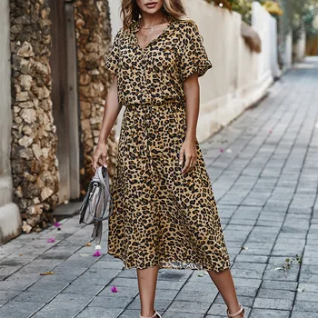 EVERAFTER Vintage leopard tlač šaty žien tvaru krídla krátky rukáv tlačidlo dovolenku sundress bežné ženské lete maxi šaty