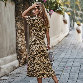 EVERAFTER Vintage leopard tlač šaty žien tvaru krídla krátky rukáv tlačidlo dovolenku sundress bežné ženské lete maxi šaty