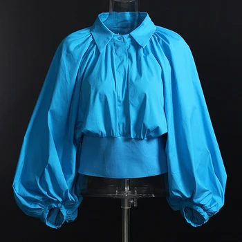 [EAM] Ženy Šnúrkou, Modrá Krátky Blúzka Nové Klope Dlho Lístkového Rukáv Voľné Nosenie Tričko Fashion Príliv Jar Jeseň 2021 1DD3820