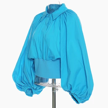 [EAM] Ženy Šnúrkou, Modrá Krátky Blúzka Nové Klope Dlho Lístkového Rukáv Voľné Nosenie Tričko Fashion Príliv Jar Jeseň 2021 1DD3820