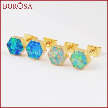 BOROSA Módne Vysokej Kvality Zlatá Farba Hexagon Tvar Biela a Modrá Japonský Opal Stud Náušnice pre Ženy Druzy Šperky G1422