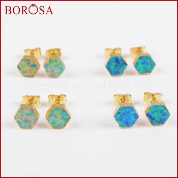 BOROSA Módne Vysokej Kvality Zlatá Farba Hexagon Tvar Biela a Modrá Japonský Opal Stud Náušnice pre Ženy Druzy Šperky G1422