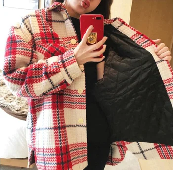 Ženské plus bavlna červená koberčeky vlnené kabát 2020 jeseň a v zime bežné ženské krátkom úseku farba kockovaný kabát top package mail