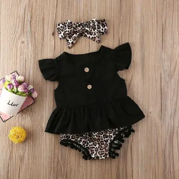 Summer Newborn Kid Baby Girl Boy Clothes Sets Ruffle Sleeve T-Shirts Tassel Shorts Leopard Fashion Set