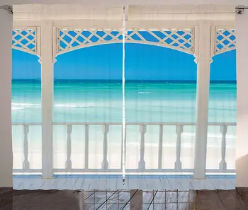 Pobrežné Okenné Záclony Romantický Drevená Terasa s Výhľadom na Tropické Pláži na Kube Pavilón Obrázok, Obývacia Izba, Spálňa Decor