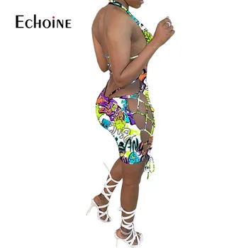 Echoine Lete Graffiti tlač Ženy Sexy plavky s uväzovaním za Krk Otvorte Zadný tvaru Bodycon Kombinézu Koleno Dĺžke Až Strane Playsuit Romper