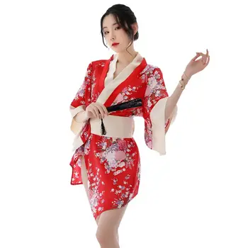 Ženy Krátke Japonské Kimono Yukata Hlboké V-Neck Kvetinový Župan Cosplay Odev M7DD