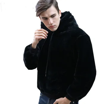 Módne faux kožušiny našuchorený fleece mikina s kapucňou mužov bežné black plyšové kapucňou mikiny zimné dlhý rukáv hoodies teplé zahustiť coats