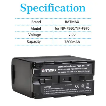 USB, Výstup 2 ks 7800mAh NP-F970 Batérii s LED Indikátor Napájania pre Sony NP-F970, NP-F975, NP-F960, NP-F950, NP-F930, DCR, DSR,