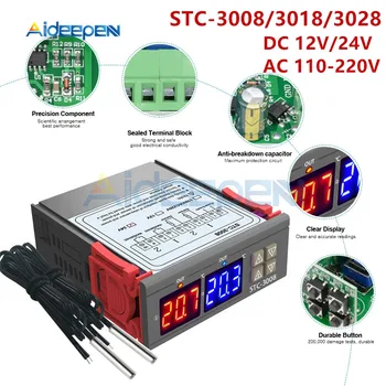 STC-3008 3018 3028 AC 110V 220V DC 12V 24V 10A Duálny Digitálny Regulátor Teploty Vlhkomer Vykurovanie Chladenie Dve Relé Výstup