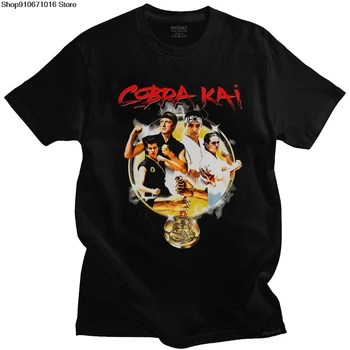 Vintage Cobra Kai Mens T Tričko Bavlna Karate Kid Série Tričko Krátke Rukávy Štrajk Prvý Úder Tvrdý Film 80. rokov Graphic Tee