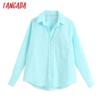 Tangada ženy nadrozmerné bavlnené tričká dlhý rukáv pevné voľné elegantné office dámske modré pracovné oblečenie blúzky BE724