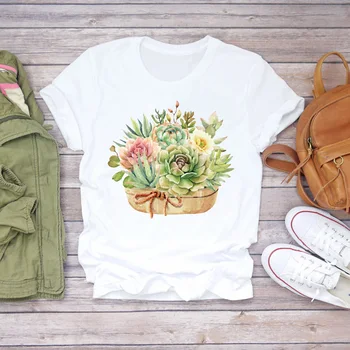 Ženy Kvetinový Rastlín Cartoon Streetwear Dievča Kaktus Tlač 90. rokov Lady T-shirts Top Dámske Graphic T Shirt Ladies Ženský Čaj T-Shirt