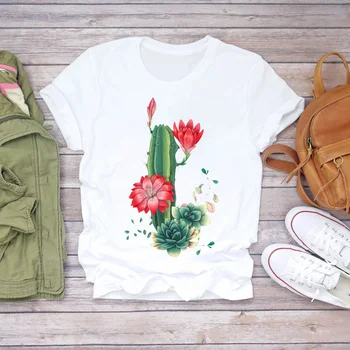 Ženy Kvetinový Rastlín Cartoon Streetwear Dievča Kaktus Tlač 90. rokov Lady T-shirts Top Dámske Graphic T Shirt Ladies Ženský Čaj T-Shirt