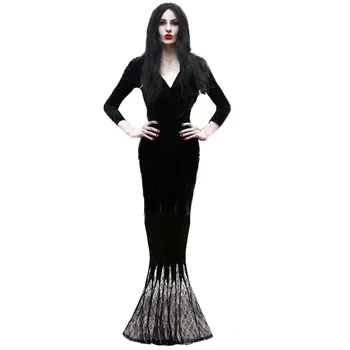 Dospelé Ženy, Gotický Halloween Morticia Addams Ghost Kostým Čarodejnice Horor Black Poschodí Čipky Šaty Šaty Šaty, Oblečenie Pre Dámy
