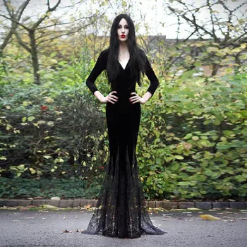 Dospelé Ženy, Gotický Halloween Morticia Addams Ghost Kostým Čarodejnice Horor Black Poschodí Čipky Šaty Šaty Šaty, Oblečenie Pre Dámy