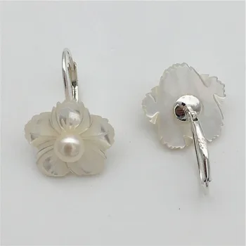 Nové ručne vyrezávané reálne biela škrupina z Tibetského striebra kvet skutočné perly žena darček módne Šperky náušnice kvapka 15 MM