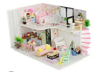 Diy loft doll house malý nábytok, kuchyne doll house domov spálňa poppenhuis miniatúrny domček pre bábiky kast auta complementos drewn