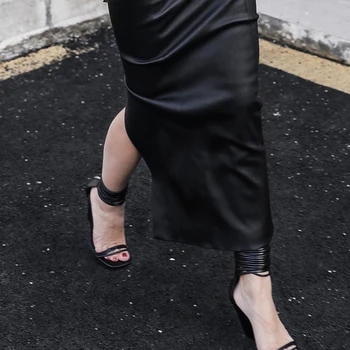 Lautaro Dlhé čierne kožené sukne ženy so štrbinou Vysoký v strede zúžený žena, sukne, Elegantné goth maxi sukne plus veľkosť oblečenie pre ženy