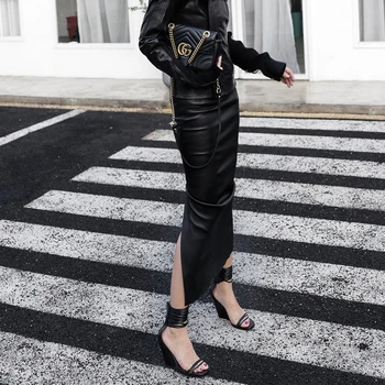 Lautaro Dlhé čierne kožené sukne ženy so štrbinou Vysoký v strede zúžený žena, sukne, Elegantné goth maxi sukne plus veľkosť oblečenie pre ženy