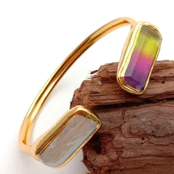 Y·YING Umelé Biele Biwa Pearl Rainbow Crystal Zlatá farba Pozlátený Náramok Náramok pre Ženy Darček Nastaviteľné Otvoriť Perlový Náramok