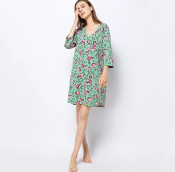 Nové modálne nightgown ženy kvetinový sedem-štvrtiny rukávy stredne dlhé nočné šaty tvaru tlač župane žena