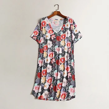 Nové modálne nightgown ženy kvetinový sedem-štvrtiny rukávy stredne dlhé nočné šaty tvaru tlač župane žena