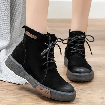 Bežné čipky Martin topánky ženy kožené ploché členkové topánky zimné bavlna obuv Black žena kožené topánky boty platformu botičky
