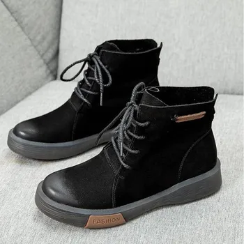 Bežné čipky Martin topánky ženy kožené ploché členkové topánky zimné bavlna obuv Black žena kožené topánky boty platformu botičky