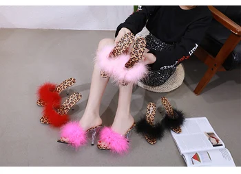 4 Farby Topánky Žena Papuče Leopard Zrna 2019 Priehľadný Kryštál Podpätky 7-10 cm Svadobné Topánky Sandále Sexy Veľké Metrov Topánky