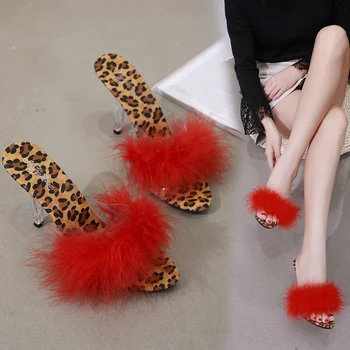 4 Farby Topánky Žena Papuče Leopard Zrna 2019 Priehľadný Kryštál Podpätky 7-10 cm Svadobné Topánky Sandále Sexy Veľké Metrov Topánky