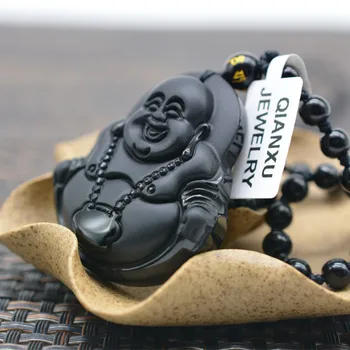 QIANXU Čierna Obsidián Buddha Náhrdelník Prívesok Jade Prívesok Jade Šperky Jemné Šperky