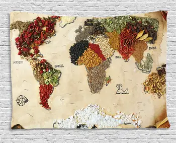 Mapa sveta Gobelín Mapa Sveta Rôznych Korenín Dizajn s Potravinami Bohémsky Štýl Kresby