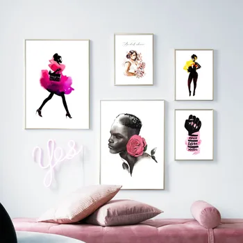 Wall Art Plátno Na Maľovanie Módne Čierne Dievča Kvet Super Model Nordic Plagáty A Potlačou Obrazov Na Stenu Pre Obývacia Izba Dekor