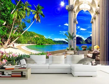 Vlastné 5D hodváb veľké nástenné maľby, tapety prímorské seascape beach nástenné maľby kokosom stromov stredomoria tapety prírodnej krajiny späť