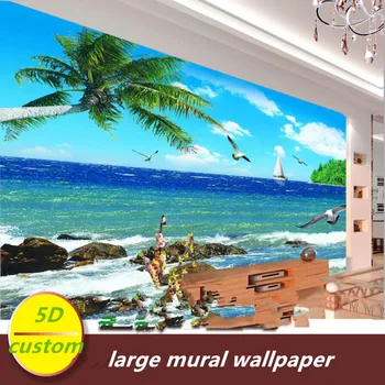 Vlastné 5D hodváb veľké nástenné maľby, tapety prímorské seascape beach nástenné maľby kokosom stromov stredomoria tapety prírodnej krajiny späť