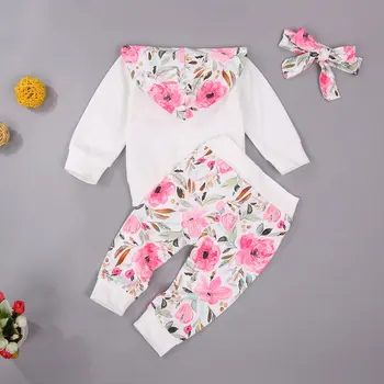 Batoľa Detská Baby Girl Šaty Nastaviť 2020 Jeseň Jar Dlhý Rukáv Kvetinový Biela Kapucí Top Nohavice Hlavový Most Oblečenie Oblečenie